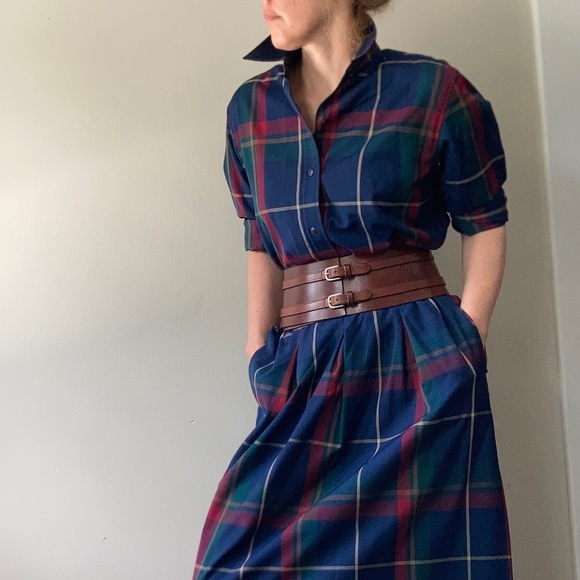 Pendleton 100% wool navy plaid ensemble shirt skirt - Picture 3 of 8